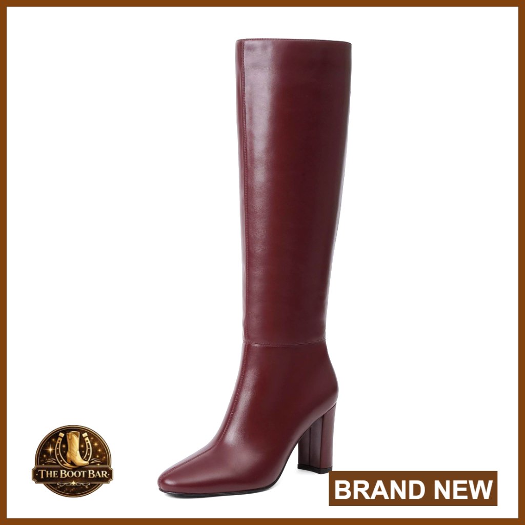Pu Leather Knee High Boots With Chunky Heel Rounded Toe